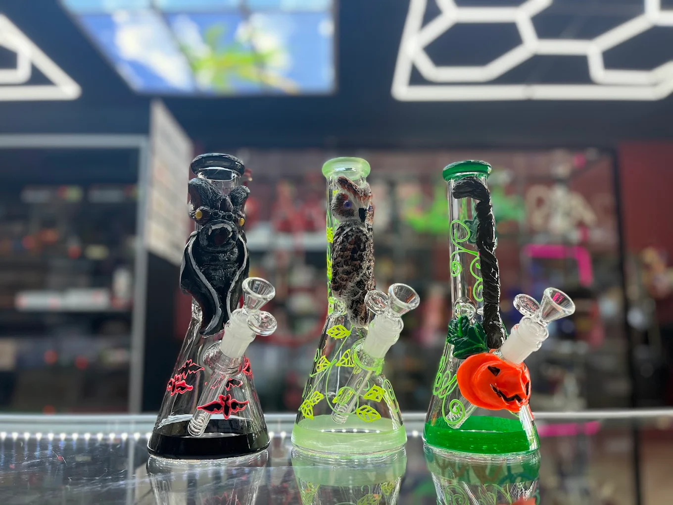 Water pipes and hookah accessories displayed in the smoke shop